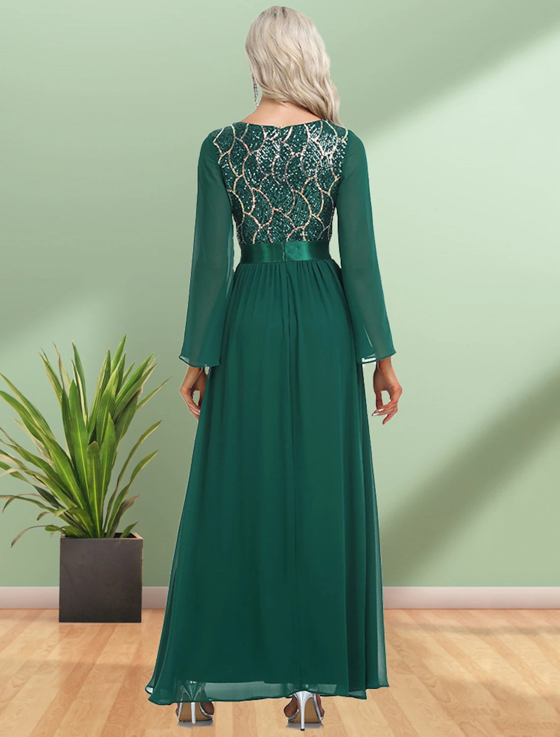 Wholesale  A-Line Evening Gown Sparkle & Shine Dress Party Wear Wedding Guest Floor Length Long Sleeve V Neck Chiffon with Sequin